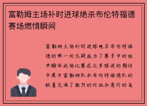 富勒姆主场补时进球绝杀布伦特福德赛场燃情瞬间