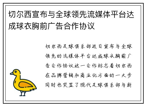 切尔西宣布与全球领先流媒体平台达成球衣胸前广告合作协议