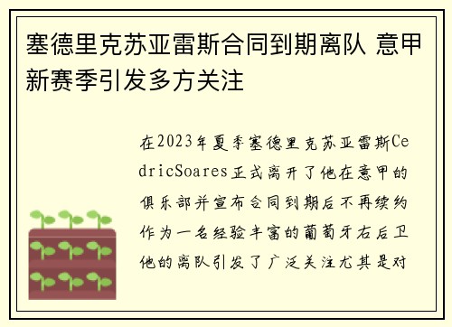 塞德里克苏亚雷斯合同到期离队 意甲新赛季引发多方关注
